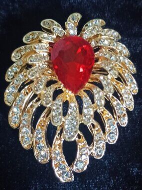 Elegant Red, and Clear Rhinestone Brooch
